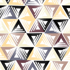 Cute vector geometric seamless pattern. Brush strokes, triangles. Hand drawn grunge texture. Abstract forms. Endless texture can be used for printing onto fabric or paper