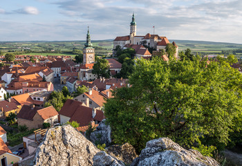Aerial view on Mikulov town in Czech Republic with Castle and bell tower of Saint Wenceslas Church