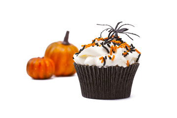 close-up image of a cupcake with spider and pumpkin in background.