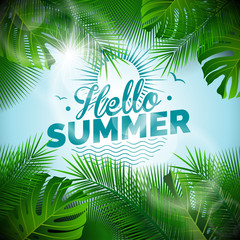 Fototapeta na wymiar Vector Hello Summer typographic illustration with tropical plants on light blue background.