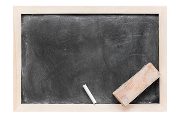 Blank dirty blackboard , chalk and eraser isolated on white back