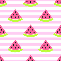 Fototapety  Watermelon slices seamless pink pattern on white. Juicy summer fruit stripes pattern.