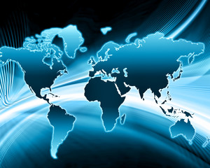 World map on a technological background, glowing lines symbols of the Internet, radio, television, mobile and satellite communications.