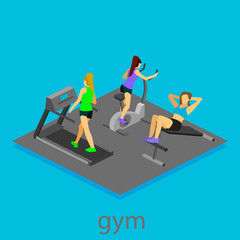 Isometric interior of gym. People involved in sports