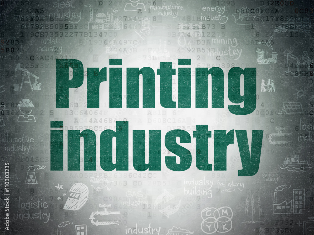 Poster manufacuring concept: printing industry on digital data paper background