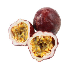 Cutting passion fruit isolated on white