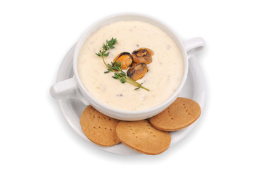 Chowder Soup with mussles  Isolated on White Background