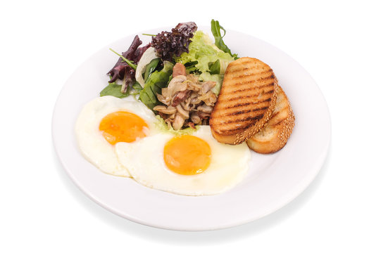 Fried egg with mushrooms, salas and tosts  