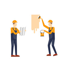 Painting, painter. Craftsman painting. Builder, Repairs, painter in yellow helmet working with tools. Flat design vector illustration.