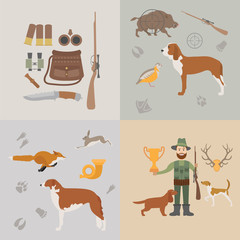 Hunting icon set. Dog hunting, equipment. Flat style