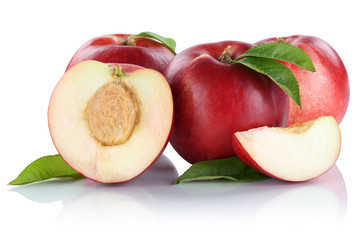 Fototapeta na wymiar Nektarine Nektarinen Frucht Früchte geschnitten Hälfte Obst Fr