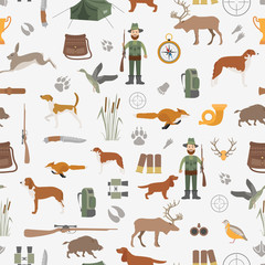 Hunting seamless pattern. Dog hunting, equipment. Flat style - obrazy, fototapety, plakaty