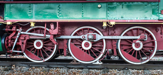 Detail of the wheels on a steam train