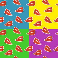 Sweet lips with red lipstick seamless pattern. Beautiful woman lips with red lipstick and gloss. Sweet and sexy lips make-up. Vector pop-art seamless pattern. Set of patterns with woman lips.