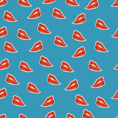 Sweet lips with red lipstick seamless pattern. Beautiful woman lips with red lipstick and gloss. Sweet and sexy lips make-up.