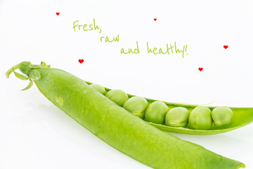 Fresh green pea pod closeup with text, on white background