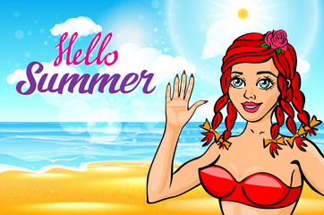 vector Hello, summer sun. girl with a beautiful body at sea. lettering hello summer