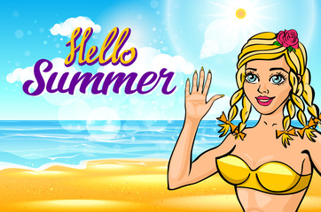 vector Hello, summer sun. girl with a beautiful body at sea. lettering hello summer