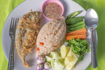 Shrimp paste chili sauce with mackerel fried and fresh vegetables the old popular delicious Thai food.