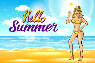 vector. Outdoor summer sunny bikini fashion smiling portrait of pretty young blonde girl. the beach on tropic island vacation saying hello summer
