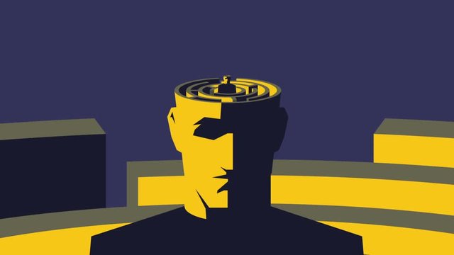 Brain maze. Male open head with labyrinth inside. Looped animation.