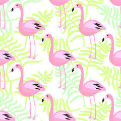 Flamingo seamless pattern. Pink exotic bird palm leaves background for wrap and textile.