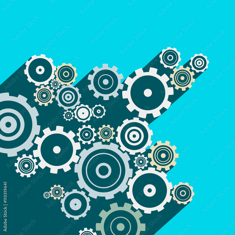 Poster cogs - gears. vector long shadow flat design technology background with cog and gear elements on blu