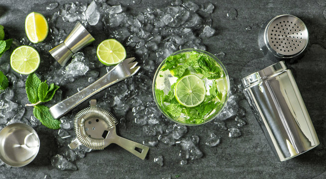 Summer drink mojito with lime mint ice cocktail