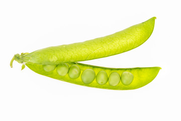 Fresh green pea pod, isolated on white background