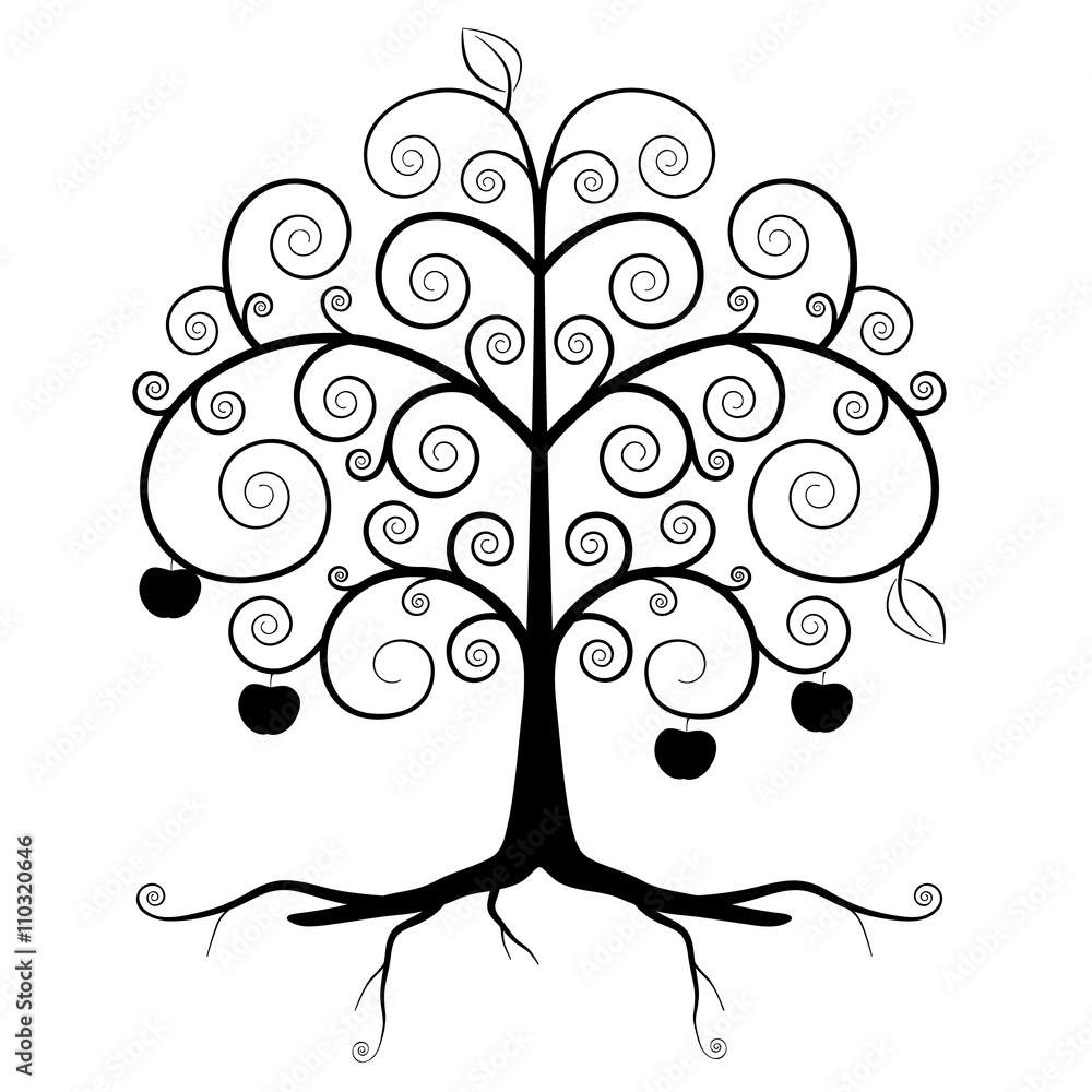 Poster tree symbol - abstract vector tree silhouette isolated on white background - curled tree with roots 