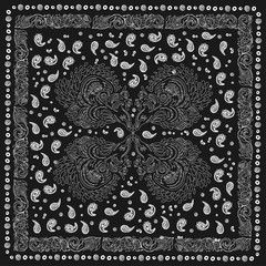 Paisley and peacock. Bandana print with  design for silk neck scarf.Traditional ethnic pattern. Black and white vector image.