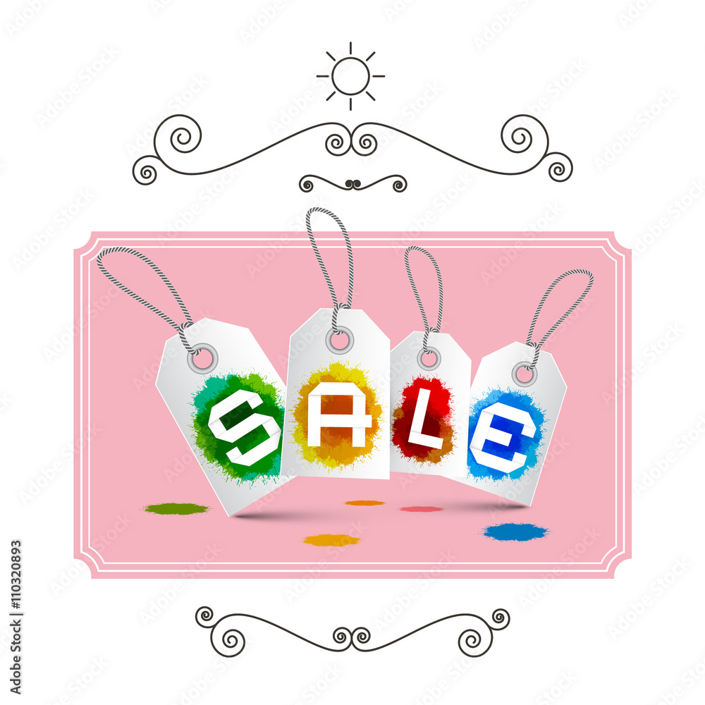 Poster sale labels - tags on pink background in retro style with splashes isolated on white background