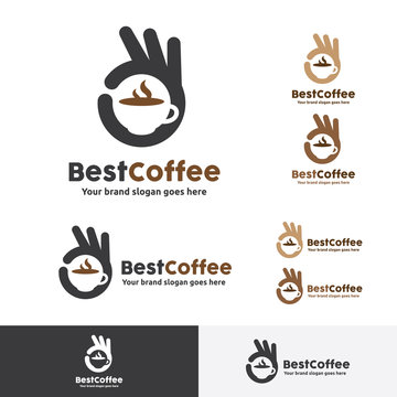 Best Coffee Shop Logo, OK Hand Gesture with Coffee Cup Logo