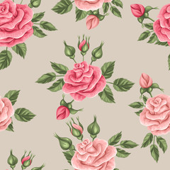 Seamless pattern with vintage roses. Decorative retro flowers. Easy to use for backdrop, textile, wrapping paper, wallpaper