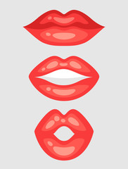 Female lips set. Mouths with red lipstick in variety of expressions. Objects for decoration, design on advertising booklets, banners, flayers