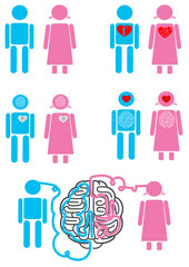 Male and female heart relationships icons set