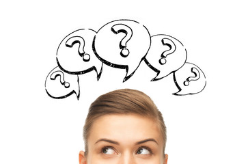 happy young woman head with question marks