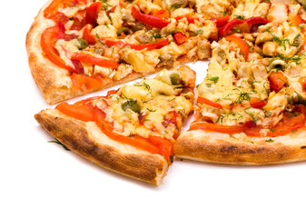 Pizza with cheese and ham isolated on white