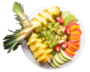 fruit plate, isolated. Banana, pineapple, strawberry, grape, ora