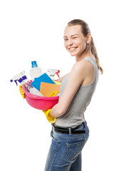 Smiling woman with cleansers and wipes isolated