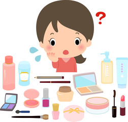 たくさんのメイク道具と戸惑う若い女性