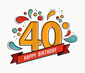 Colorful happy birthday number 40 flat line design - obrazy, fototapety, plakaty