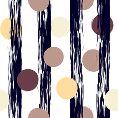 Cute vector geometric seamless pattern . Polka dots and stripes. Brush strokes. Hand drawn grunge texture. Abstract forms. Endless texture can be used for printing onto fabric or paper