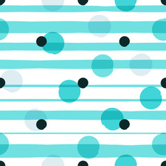 Cute vector geometric seamless pattern . Polka dots and stripes. Brush strokes. Hand drawn grunge texture. Abstract forms. Endless texture can be used for printing onto fabric or paper