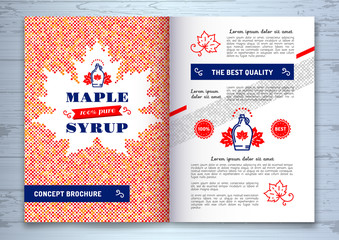 Maple syrup brochure, corporate identity, template design A4. Canadian food, American traditional products, bottle icon. Maple leaf silhouette of colorful dots, vector illustration