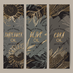 Three black and golden sunflower, olive, corn oil label templates. 