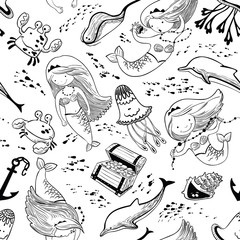 Naklejka premium Vector marine seamless pattern with doodle mermaid and marine life