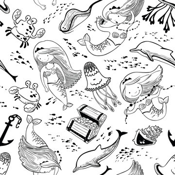 Vector marine seamless pattern with doodle mermaid and marine life