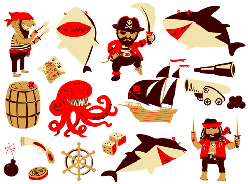 set with pirate and shark characters and nautical objects