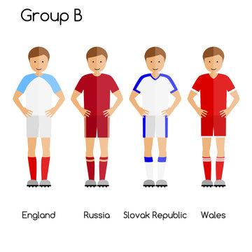 Football team players. Group B - England, Russia, Slovak Republic and Wales. National football team vector uniforms.